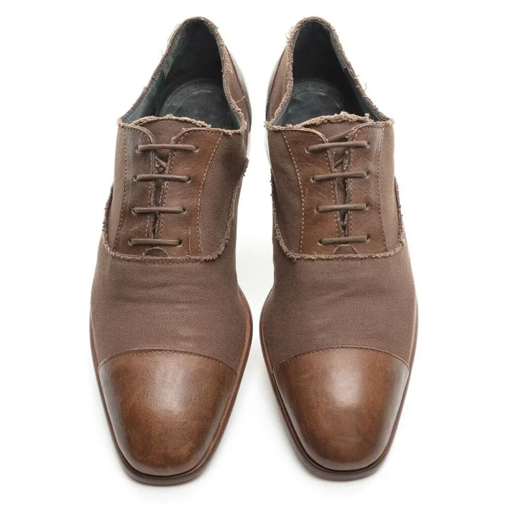 Men Lanvin Brown Leather Canvas Cap Toe Oxfords UK 9.5
